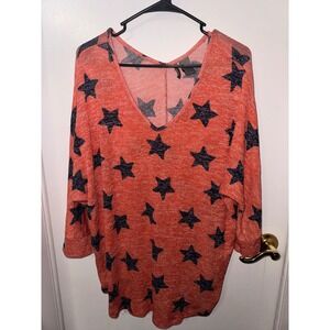 New Directions Weekend Plus Size 1X Orange Navy Star Print V-Neck Sweater Top